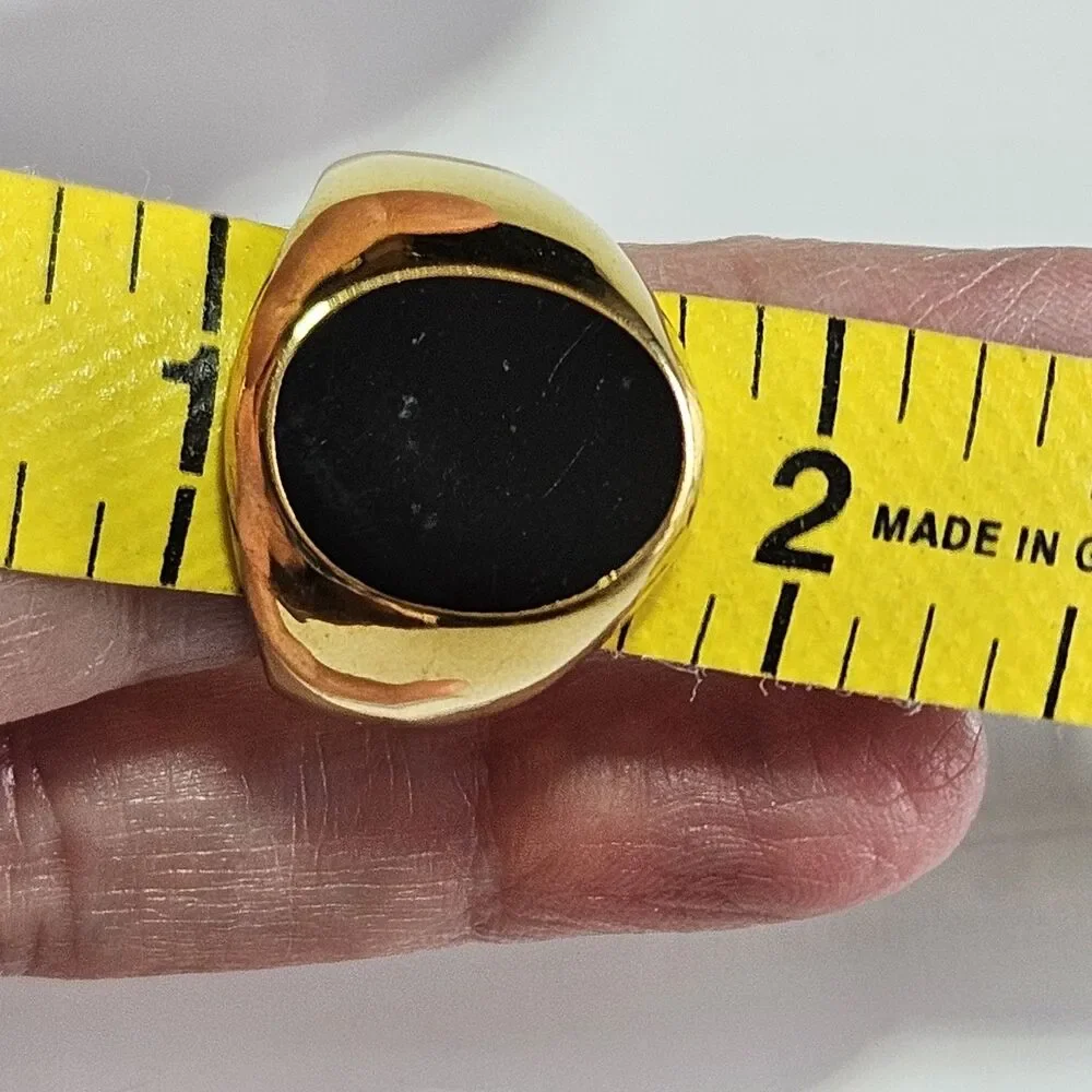 Gold Tone Black Oval Enamel Ring Chunky Size 8 - Picture 8 of 12